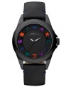 Fanciful fabulousness from Marc by Marc Jacobs. Watch crafted of black patent leather strap and round black stainless steel case. Black dial features cut-out multicolor text logo at hour markers, luminous hour and minute hands, black second hand and logo at twelve o'clock. Quartz movement. Water resistant to 50 meters. Two-year limited warranty.