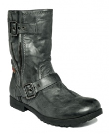 Make it work! The Megawatt utility ankle boots from Rebels feature distressed material for an authentic, lived-in look, along with buckle hardware embellishments and zipper details. Make it work! The Megawatt utility ankle boots from Rebels feature distressed material for an authentic, lived-in look, along with buckle hardware embellishments and zipper details.