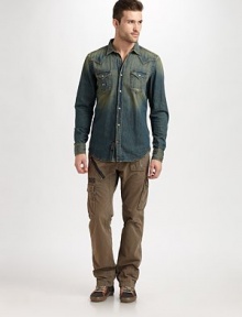 Rustic and ready for anything, these twill cargos have rugged military details for true adventure.Waistband with contrast trim, button close and belt loops Zip fly Side seam pockets One small and two large button cargo pockets One angled zip front pocket Straight leg Inseam, about 34 Cotton Machine wash Imported Rustic and ready for anything, these twill cargos have rugged military details for true adventure.Waistband with contrast trim, button close and belt loops Zip fly Side seam pockets One small and two large button cargo pockets One angled zip front pocket Straight leg Inseam, about 34 Cotton Machine wash Imported