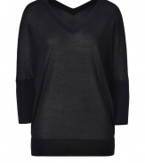 With a cool modern cut and easy-chic styling, Derek Lams cashmere-silk pullover is a contemporary luxe choice for everyday - V-neckline in front and back, 3/4 dolman sleeves, fine ribbed trim - Loosely fitted - Wear with a tissue tee, leather leggings and booties