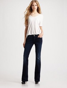 Gorgeous Italian stretch denim with subtle contour abrasions and signature A back pockets.THE FITSlim from hip to thigh Boot leg Rise, about 7½ Inseam, about 34½THE DETAILSZip fly Five-pocket style Signature back patch pockets 80% cotton/18% nylon/2% spandex Dry clean Made in USA of imported fabric Model shown is 5'10½ (179cm) wearing US size 4. Gorgeous Italian stretch denim with subtle contour abrasions and signature A back pockets.THE FITSlim from hip to thigh Boot leg Rise, about 7½ Inseam, about 34½THE DETAILSZip fly Five-pocket style Signature back patch pockets 80% cotton/18% nylon/2% spandex Dry clean Made in USA of imported fabric Model shown is 5'10½ (179cm) wearing US size 4.