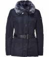 Your cold weather look just got more stylish with this luxe fitted down jacket from Peuterey - Large rabbit fur collar, concealed zipper closure, long sleeves with logo detail, belted waist, slim fit, water repellent - Wear with an elevated jeans-and-tee ensemble or a workweek-chic look