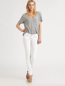 Denim classic has five-pocket styling and modern skinny-leg construction. THE FITFitted through hips and thighsRise, about 8Inseam, about 29THE DETAILSZip flyFive-pocket style98% cotton/2% elastaneMachine washMade in USAModel shown is 5'10 (177cm) wearing US size 4. Denim classic has five-pocket styling and modern skinny-leg construction. THE FITFitted through hips and thighsRise, about 8Inseam, about 29THE DETAILSZip flyFive-pocket style98% cotton/2% elastaneMachine washMade in USAModel shown is 5'10 (177cm) wearing US size 4.