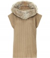 Make a stunning statement at your neckline with Michael Kors ultra modern fur trimmed knit top - Hooded, fur trimmed neckline, short sleeves, contrast knit cuffs, slim straight fit - Pair with leather leggings and sleek ankle boots