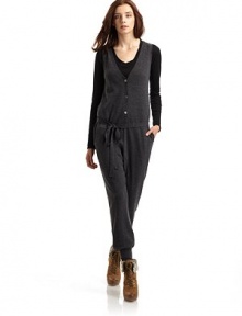 THE LOOKV-necklineFront button closureSleevelessSelf tie beltTapered leg with ribbed cuffsTHE FITAbout 59 from shoulder to hemTHE MATERIALWoolCARE & ORIGINDry cleanImported THE LOOKV-necklineFront button closureSleevelessSelf tie beltTapered leg with ribbed cuffsTHE FITAbout 59 from shoulder to hemTHE MATERIALWoolCARE & ORIGINDry cleanImported