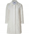 White-on-ivory 100% cotton evening coat in straight cut - Lace-like elegant texture - Concealed button front closure - Two deep patch pockets - Structured shoulders and simple collar without stand - Wear over flirty dress with opaque tights and ankle booties