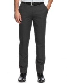 Don't let the boardroom make you boring. Change your pressed pattern with these flat front checked pants from Calvin Klein. Don't let the boardroom make you boring. Change your pressed pattern with these flat front checked pants from Calvin Klein.