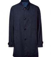 Classically elegant car coat in fine, navy cotton and silk blend - Soft yet ultra-durable material drapes beautifully - Small collar and four-button closure - Slash pockets at sides, rear vent - Slimmer, straight silhouette - Sleek and streamlined, works for day or evening - Pair with everything from business suits or a blazer and chinos to jeans and a pullover