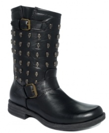 Bad to the bone. Rebel's Skully booties have skull stud detailing all around the vamp and an adjustable buckle strap that wraps at the ankle. Bad to the bone. Rebel's Skully booties have skull stud detailing all around the vamp and an adjustable buckle strap that wraps at the ankle.