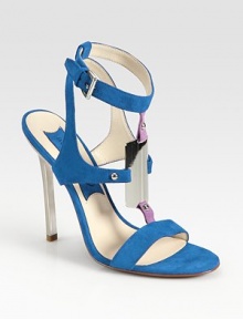 Suede t-strap design with unique metal hardware and an adjustable ankle strap. Self-covered heel, 5 (125mm)Suede upperLeather lining and solePadded insoleImportedOUR FIT MODEL RECOMMENDS ordering one half size up as this style runs small. 