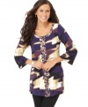 Accented by rhinestones, this abstract-printed petite tunic by Alfani is perfect for a dose of bold! (Clearance)