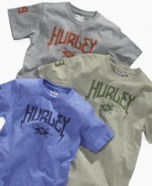 The lightning-style lettering and mock-pebbled look on this soft cotton t-shirt from Hurley makes it perfect for hanging out at the skate park this summer. The lightning-style lettering and mock-pebbled look on this soft cotton t-shirt from Hurley makes it perfect for hanging out at the skate park this summer.
