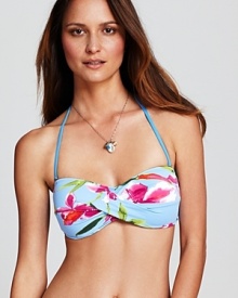 Hit print with this bold, floral swimsuit from Tommy Bahama. A bandeau neckline and padded cups ensure this piece is as flattering as it is stylish. Hit print with this bold, floral swimsuit from Tommy Bahama. A bandeau neckline and padded cups ensure this piece is as flattering as it is stylish.