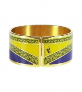 Luxurious bangle made ​.​.of fine metal - Glamorous Art Deco look in royal blue and honey yellow - Beautifully wide - Upgrades most outfits--from business suits, cocktail dresses or jeans and a pullover - Makes a great gift