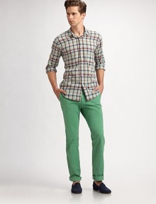 Casual twill pant gets a vibrant update in modern-fitting, garment dyed cotton.Flat-front styleSide slash, back welt pocketsFront coin pocketInseam, about 32CottonMachine washImported Casual twill pant gets a vibrant update in modern-fitting, garment dyed cotton.Flat-front styleSide slash, back welt pocketsFront coin pocketInseam, about 32CottonMachine washImported