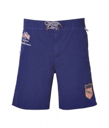 Inject preppy-cool style into your poolside look with these swim trunks from Polo Ralph Lauren - Elasticized waist with drawstring, zip fly closure, patch details, side stripe, back flap pocket - Pair with a polo shirt and sandals