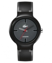 Get back to the basics with this chic black watch from Lacoste. Black silicone strap with grey stripes and round black plastic case. Round grey dial with logo and stick indices. Quartz movement. Water resistant to 30 meters. Two-year limited warranty. Get back to the basics with this chic black watch from Lacoste. Black silicone strap with grey stripes and round black plastic case. Round grey dial with logo and stick indices. Quartz movement. Water resistant to 30 meters. Two-year limited warranty.