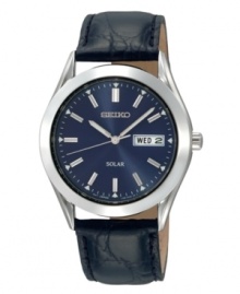 High-powered style. Solar energy moves this cool blue-dial Seiko watch. Round stainless steel case and black leather strap. Blue dial with stick indices and day/date window. 10-month energy storage. Quick-start function and energy depletion warning. Solar quartz movement. Water resistant to 30 meters. Three-year limited warranty. High-powered style. Solar energy moves this cool blue-dial Seiko watch. Round stainless steel case and black leather strap. Blue dial with stick indices and day/date window. 10-month energy storage. Quick-start function and energy depletion warning. Solar quartz movement. Water resistant to 30 meters. Three-year limited warranty.