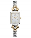 Signature style from Caravelle by Bulova. Silver tone mixed metal bracelet with unique gold tone links and rectangular case. Brushed silver tone dial features gold tone numerals at twelve and six o'clock, stick indices, three hands and logo. Quartz movement. Moisture resistant. Two-year limited warranty.