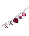 A rebellious romantic. GUESS's whimsical charm bracelet embraces the ups and downs of love with a broken heart charm, a black epoxy bow, a Valentine heart, a rose, and a pink epoxy heart. Set in silver tone mixed metal with sparkling crystal accents. Approximate length: 7-1/2 inches. Approximate drop: 1 inch.