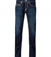 With Western-inspired details, these stylish distressed jeans from True Religion will amp up your casual basics - Classic five-pocket styling, fading details, decorative back pockets with logo detail, contrast stitching - Straight leg, slim fit - Pair with a tee and a blazer or a cashmere sweater