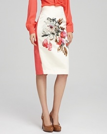 Feminine florals bloom at the front of this Rachel Roy pencil skirt, imparting ladylike elegance to your uptown look. A solid back and high waist visually elongate the frame. Feminine florals bloom at the front of this Rachel Roy pencil skirt, imparting ladylike elegance to your uptown look. A solid back and high waist visually elongate the frame.