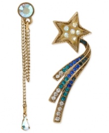 Shining star and stud. This pair of mismatch earrings from Betsey Johnson comes together in harmony. Crafted from antique gold-tone mixed metal with an array of glass accents, the stud and cuff-closure earrings offer a touch of eclectic elegance. Approximate drop, stud with linear chains: 2-1/4 inches; star with cuff: 1-1/4 inches. Shining star and stud. This pair of mismatch earrings from Betsey Johnson comes together in harmony. Crafted from antique gold-tone mixed metal with an array of glass accents, the stud and cuff-closure earrings offer a touch of eclectic elegance. Approximate drop, stud with linear chains: 2-1/4 inches; star with cuff: 1-1/4 inches.