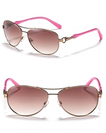 Juicy Couture's metal aviator sunglasses are meant to be seen. With a double bridge design and vibrantly colored arms. Juicy Couture's metal aviator sunglasses are meant to be seen. With a double bridge design and vibrantly colored arms.