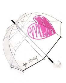 Fall in love with rainy days with this clear umbrella featuring a large heart graphic and Rain Rain Go Away print. Fall in love with rainy days with this clear umbrella featuring a large heart graphic and Rain Rain Go Away print.