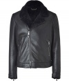 Channel James Dean in this retro-inspired leather jacket from Jil Sander - Spread collar with shearling lining, long sleeves with zip cuffs, asymmetrical zip closure, zipper pockets, slim fit - Wear with straight leg jeans, a cashmere pullover, and motorcycle boots