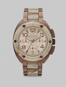 A beautiful blend of rich espresso-tone stainless steel and glossy horn print acetate come together in this unique technical timepiece. Quartz movementWater resistant to 10 ATMRound espresso-tone stainless steel case, 43mm (1.7) Rivet accented horn print acetate bezelCream dialBar and numeral hour markersDate display at 6 o'clockSecond hand Espresso-tone stainless steel and horn print acetate link braceletImported A beautiful blend of rich espresso-tone stainless steel and glossy horn print acetate come together in this unique technical timepiece. Quartz movementWater resistant to 10 ATMRound espresso-tone stainless steel case, 43mm (1.7) Rivet accented horn print acetate bezelCream dialBar and numeral hour markersDate display at 6 o'clockSecond hand Espresso-tone stainless steel and horn print acetate link braceletImported