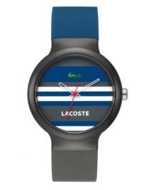 Cultivate your Ivy League look with Lacoste. Unisex Goa watch crafted of gray and navy silicone strap and round gray plastic case. Multi-color stripe dial features iconic crocodile logo at twelve o'clock, white text logo at six o'clock, white cut-out hour and minute hand and red second hand. Quartz movement. Water resistant to 30 meters. Two-year limited warranty.