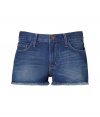 Casual yet stylish, these leg-baring jean shorts from Current Elliot inject pared-down glam into your warm weather look - Classic five-pocket style, mini length, frayed hem - Style with a high-low hem top, a loose knit cardigan, and wedges
