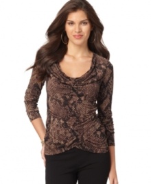 A wardrobe staple gets updated in chic snake print with a feminine crossover hem from T Tahari. Wear it with all your fall bottoms for an easy polished look. A wardrobe staple gets updated in chic snake print with a feminine crossover hem from T Tahari. Wear it with all your fall bottoms for an easy polished look.