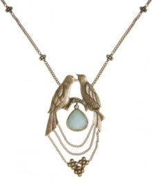 Tweet it loud and clear. Lucky Brand's adorable kissing birds pendant is oh-so chic. Necklace features two intricate birds, delicate dangling beaded chains, and a reconstituted semi-precious calcite teardrop. Set in gold tone mixed metal. Approximate length: 25-1/2 inches. Approximate drop: 3-1/4 inches. Tweet it loud and clear. Lucky Brand's adorable kissing birds pendant is oh-so chic. Necklace features two intricate birds, delicate dangling beaded chains, and a reconstituted semi-precious calcite teardrop. Set in gold tone mixed metal. Approximate length: 25-1/2 inches. Approximate drop: 3-1/4 inches.