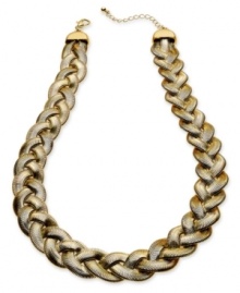 Weave together the perfect ensemble. Alfani's chic necklace features a braided design with a gilded shine. Crafted in gold tone mixed metal. Approximate length: 18 inches + 3-inch extender. Weave together the perfect ensemble. Alfani's chic necklace features a braided design with a gilded shine. Crafted in gold tone mixed metal. Approximate length: 18 inches + 3-inch extender.