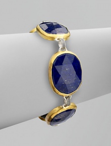 Rich lapis stones set in 24k gold with sterling silver links for a truly elegant style. Lapis24k goldSterling silverLength, about 7¾Box clasp closureImported Rich lapis stones set in 24k gold with sterling silver links for a truly elegant style. Lapis24k goldSterling silverLength, about 7¾Box clasp closureImported