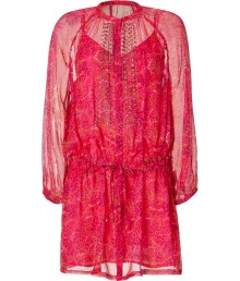 Stylish tunic-dress made ..of fine, fully-lined silk chiffon - Transparent fuchsia print features decorative studded detail at front - Slim cut, with high neck, long mini-button placket, and drawstring waist - Perfect with sandals or wedge heel flats on holiday, at brunch, or when attending a casual daytime party Stylish tunic-dress made ..of fine, fully-lined silk chiffon - Transparent fuchsia print features decorative studded detail at front - Slim cut, with high neck, long mini-button placket, and drawstring waist - Perfect with sandals or wedge heel flats on holiday, at brunch, or when attending a casual daytime party