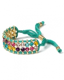 Aqua combines faceted crystals and colored rope to create a cool contrast. Resist the urge to layer, this bracelet shines on its own. Aqua combines faceted crystals and colored rope to create a cool contrast. Resist the urge to layer, this bracelet shines on its own.