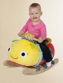 This soft and cuddly plush bug has fun legs, antennae, smiling face and sits atop a solid wooden rocker frame for a rocking good time.About 16H X 12D X 24LSuitable for ages 1 year and upImported This soft and cuddly plush bug has fun legs, antennae, smiling face and sits atop a solid wooden rocker frame for a rocking good time.About 16H X 12D X 24LSuitable for ages 1 year and upImported