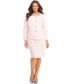 A bright beaded neckline and jeweled button closures elevate Kasper's plus size skirt suit for celebratory events.