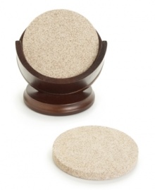 Smart casual. Solid sandstone drink coasters have a speckled sandy hue and drink in moisture to keep tables in top condition. Keep a set of four organized in the accompanying walnut wood holder. Smart casual. Solid sandstone drink coasters have a speckled sandy hue and drink in moisture to keep tables in top condition. Keep a set of four organized in the accompanying walnut wood holder.