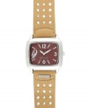 Earthy and mysterious, this chic watch from Nine West brings everyday style. Crafted of tan perforated leather strap and rounded square silver tone mixed metal case. Brown dial with silver tone numerals at three, six, nine and twelve o'clock, applied stick incides, minute track, hour and minute hands, sweeping second hand and logo at six o'clock. Quartz movement. Limited lifetime warranty.