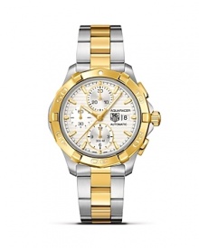 The Aquaracer from TAG Heuer features all six of TAG Heuer's features of a professional sports watch, including sapphire crystal, luminescent markers, screw-in crown, unidirectional rotating bezel, a double safety clasp and 300M water resistance. The Calibre 16 automatic chronograph movement features 3 subdials and a date window. This model features 18K. gold and steel. The Aquaracer from TAG Heuer features all six of TAG Heuer's features of a professional sports watch, including sapphire crystal, luminescent markers, screw-in crown, unidirectional rotating bezel, a double safety clasp and 300M water resistance. The Calibre 16 automatic chronograph movement features 3 subdials and a date window. This model features 18K. gold and steel.