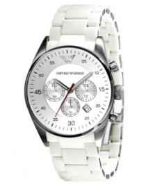 Crisp, clean style by Emporio Armani. This watch features a white silicone-wrapped stainless steel bracelet and round case. White chronograph dial with black indices and numerals, logo, date window and three subdials. Analog movement. Water resistant to 50 meters. Two-year limited warranty. Crisp, clean style by Emporio Armani. This watch features a white silicone-wrapped stainless steel bracelet and round case. White chronograph dial with black indices and numerals, logo, date window and three subdials. Analog movement. Water resistant to 50 meters. Two-year limited warranty.