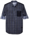Your basic plaid gets a modern upgrade with this DKNY Jean shirt, featuring roll up sleeves and a contrast color pocket.