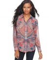 INC's floaty button-front petite shirt offers a traditional look with a modern twist, thanks to a paisley print in a bold color palette.