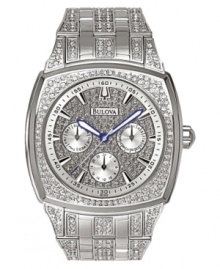 Time to dress to the nines. This dazzling Bulova watch features a silvertone mixed metal bracelet and cushion-shaped case. Crystal accents at bracelet, bezel and dial. Silvertone multifunctional dial with logo, stick indices and three subdials. Quartz movement. Water resistant to 30 meters. Three-year limited warranty. Time to dress to the nines. This dazzling Bulova watch features a silvertone mixed metal bracelet and cushion-shaped case. Crystal accents at bracelet, bezel and dial. Silvertone multifunctional dial with logo, stick indices and three subdials. Quartz movement. Water resistant to 30 meters. Three-year limited warranty.