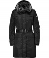 Stay warm and stylish in this ultra-luxe down coat from Peuterey - Hooded, large fur collar, concealed front zip closure with front button placket, long sleeves, belted waist, slim fit, thigh length, water repellent coating - Wear with a cashmere pullover, skinny jeans, and shearling-lined boots