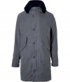 Inject a chic utilitarian edge into your outerwear wardrobe with Closeds washed grey weighty cotton parka, complete with a removable navy knit collar and full fleece lining cool enough to wear alone as a jacket - Removable navy ribbed knit wool collar, cotton spread collar underneath with hood and stand-up snapped front, hidden two-way front zip, button-down front, long sleeves, buttoned cuffs, snapped flap pockets, inside drawstring waistline, full grey fleece button-on removable lining - Classic straight fit - Wear with rugged winter boots and chic cashmere knit caps